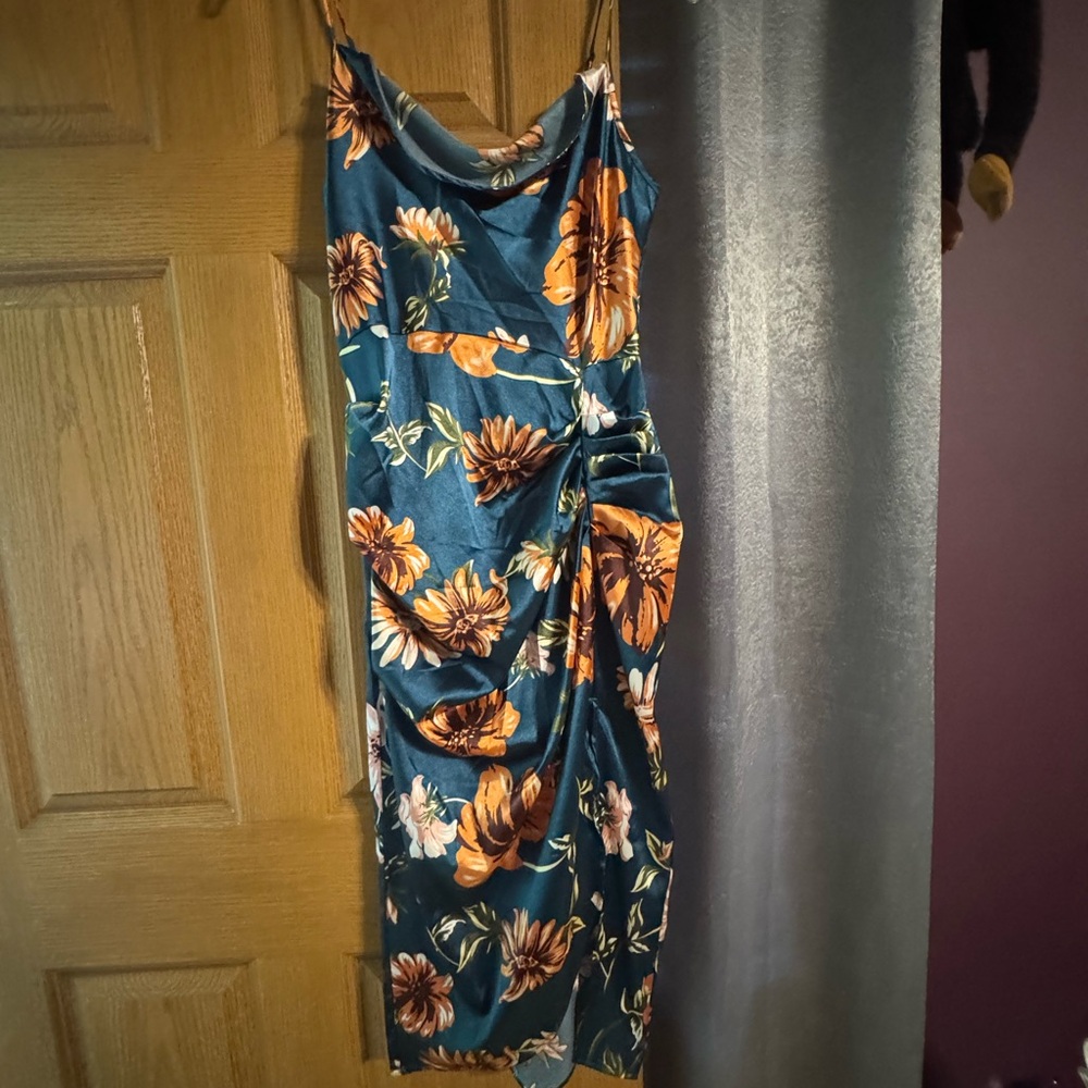 Teal Satin Midi Dress with Orange Floral Print